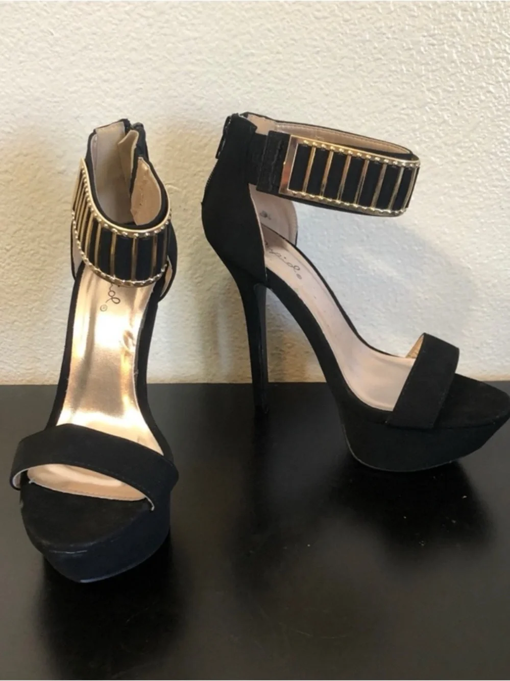 Women's Black Platform High Heel Sandals with Gold Accent Ankle Strap